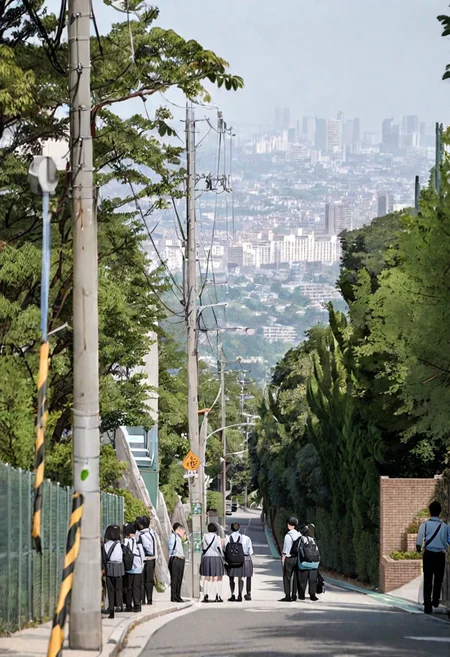 masterpiece, best quality, very aesthetic, absurdres,
haruhizaka, kitakoumae, scenery, outdoors, multiple girls, scenery, tree, real world location, multiple boys, building, day, sky, fence, power lines, city, road, bag, school uniform, cityscape, photo background, blue sky, skirt, backpack, sign, black hair, utility pole, short hair, street, 3boys,
<lora:kitakoumae_SDXL_V3:1>