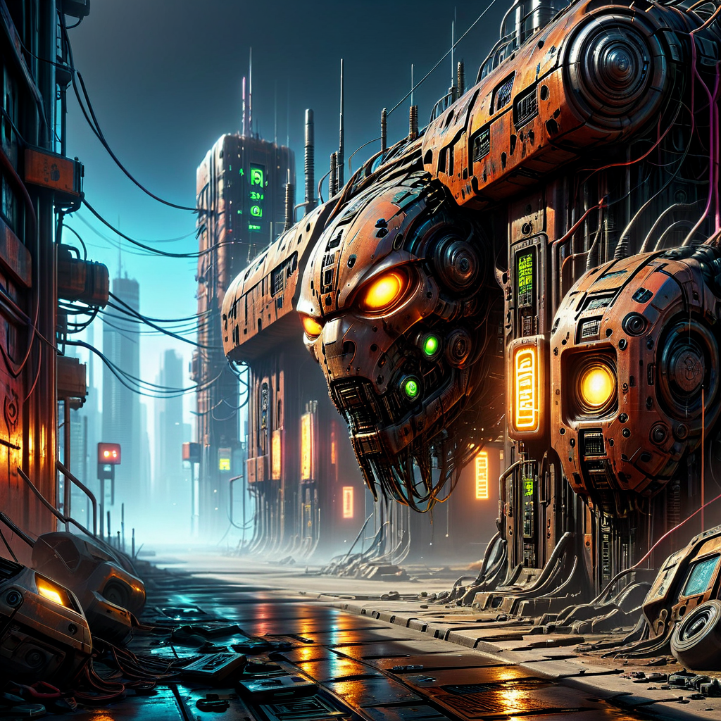 4k, everything is neon lights with rusted metal, extremely detailed wide view of amazing scene, ((masterful cyberpunk art)) of scrap metal androids fused with blue glowing neon, ((neo-noir aesthetic)), ((cyber-enhanced)), ((high-tech dystopian)), ((neon-punk style)), ((cybernetic augmentations)), ((urban tech)), in ((neon-lit highly detailed cyber)), ((cyberpunk atmosphere)), ((urban dystopia)), ((high-tech slums)), ((corporate megastructures)), ((cyber-noir environment)), ((rendered in cyber noir style)), ((with neon-noir aesthetics)), ((neon-noir color scheme)), ((cyberpunk mood)), ((urban tech)), ((neon lighting)), ((chrome reflections)), ((digital distortion)), ((masterful execution)), ((cyber-noir atmosphere)), 8k resolution, ultra detailed, ray tracing, volumetric lighting, with ((intense neon glow)), ((dynamic matrix code)), ((cyberpunk atmosphere)), ((neon accents)), ((digital distortion)), ((tech noir effects)), ((urban decay)), ((cyber-noir mastery)), (HD, masterpiece, best quality, hyper detailed, ultra detailed, super realistic),amazing, evi@decrepPunk, DonM0ccul7Ru57XL, Rusted, rusted landscape, add-detail-xl<lora:sdxl\rust\concept_worldmorph_decrepPunk_SDXL_v1-evi@decrepPunk.safetensors:1.0:1.0> <lora:sdxl\rust\DonM0ccul7Ru57XL-000006.safetensors:1.0:1.0> <lora:sdxl\rust\Rusted_landscape_SDXL.safetensors:1.0:1.0> <lora:sdxl\enhancment\add-detail-xl.safetensors:1.0:1.0>