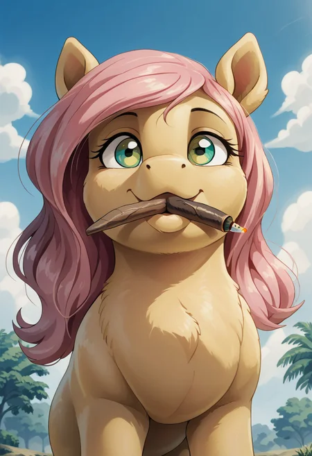 score_9, score_8_up, score_7_up, anime screencap, BREAK, my little pony FLuttershy, a yellow pegasus with teal eyes and pink mane and tail, source_feral, outdoors, daylight sky, cloudy, fat cigar smoking from her mouth, source_anime, retro anime style