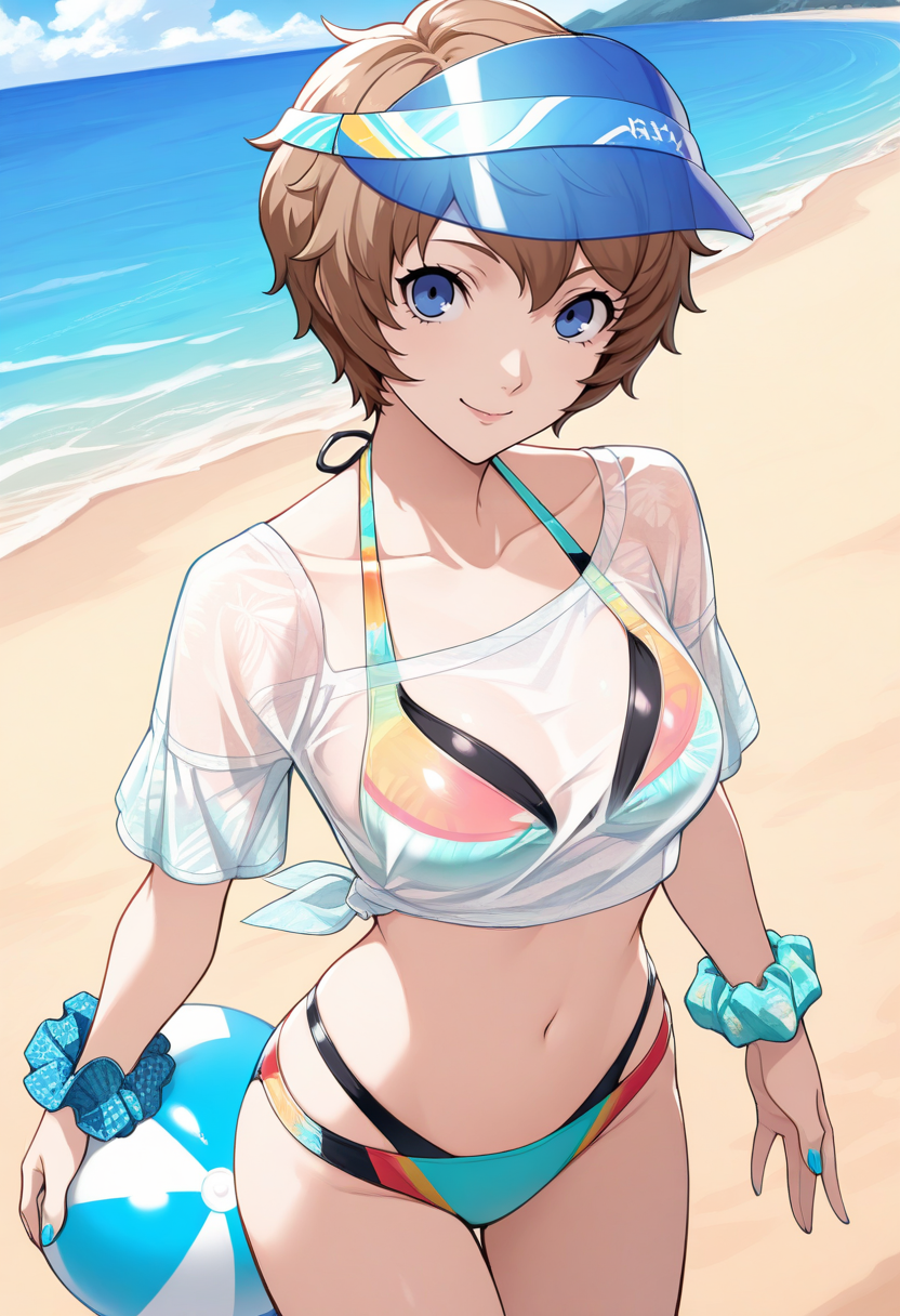 masterpiece, best quality, 1girl, solo, looking at viewer, cowboy shot, smile, beach, blue sky, holding beach ball
 <lora:zs_AraiILLU:1> 4ra1beachp5x, brown hair, short hair, messy hair, visor cap, bikini under clothes, multicolored bikini, see-through, navel, collarbone, wrist scrunchie, nail polish, jewelry