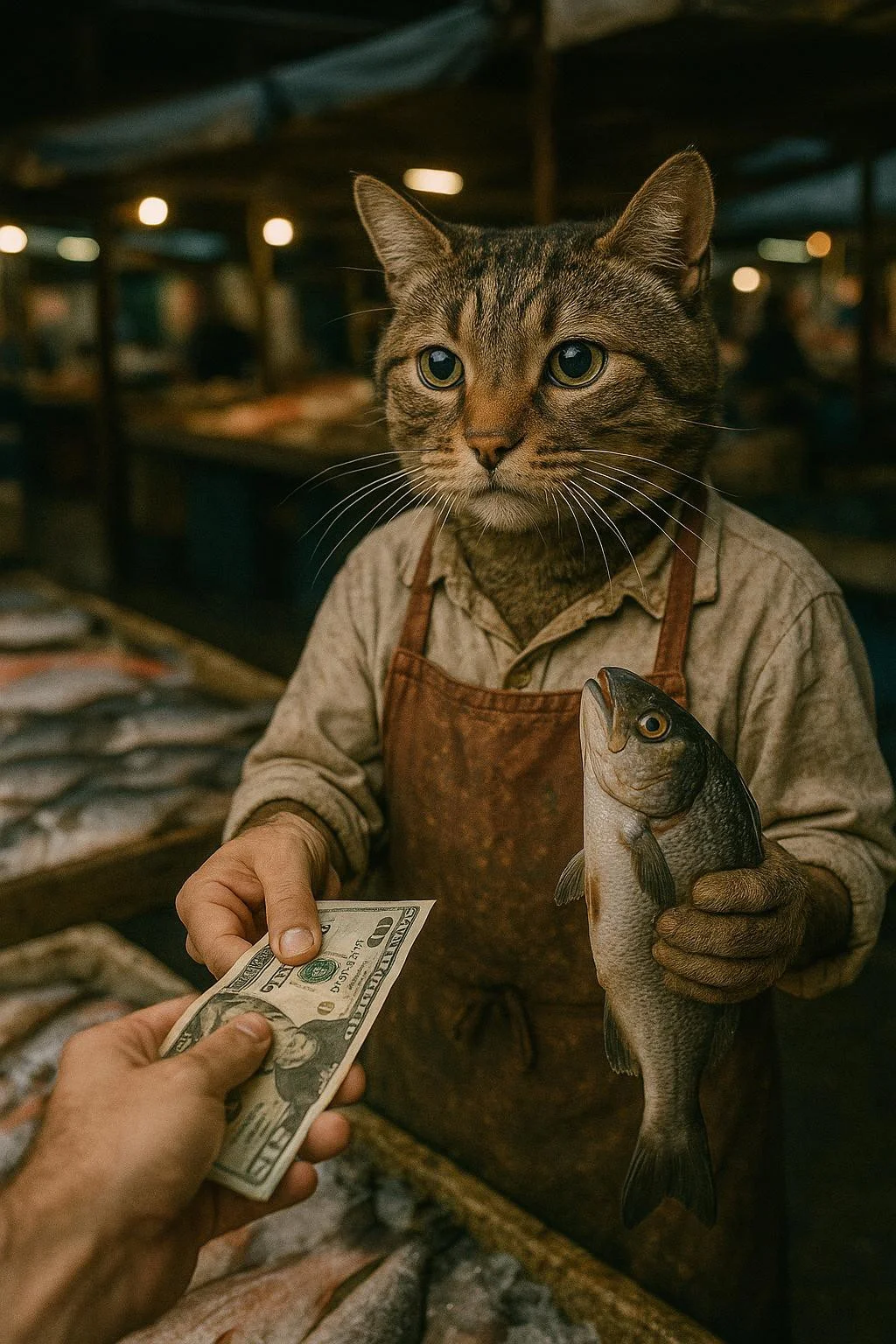 image of a hand offering money to a fishmonger cat, holding fish, 8k, ultra detailed, at the market, shot with camera lens high plane, film grain, anf flash, some blur