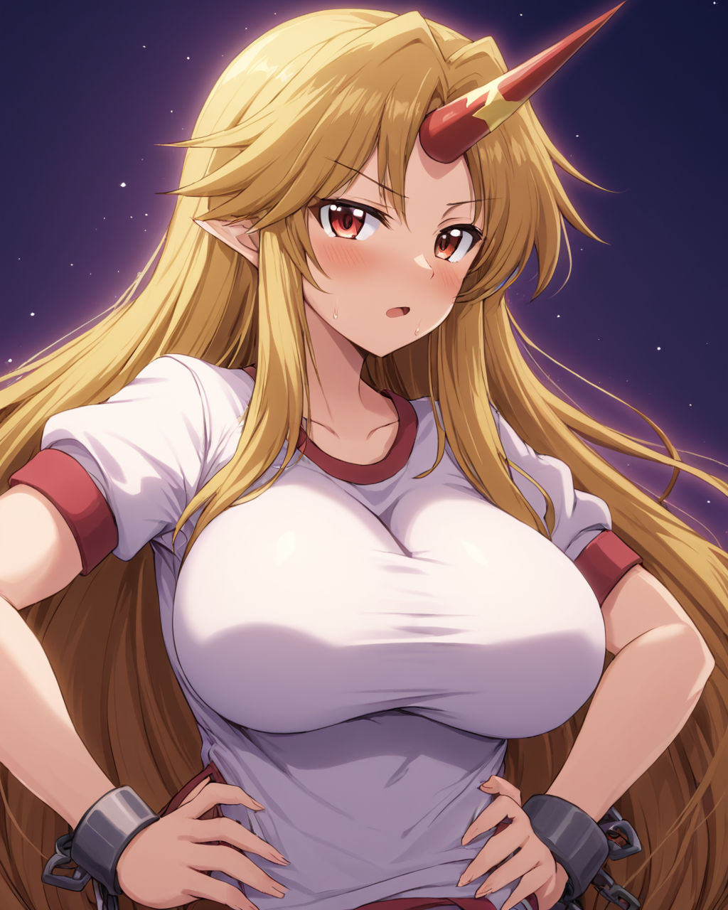 hoshiguma yuugi,1girl, solo, single_horn, sakazuki, large_breasts, chain, cuffs, saliva, hand_on_hip, open_mouth, drooling
<lora:hoshiguma_yuugi_image3866_2023-12-17-000008:1>,star-shaped_pupils,symbol-shaped_pupils,. gorgeous,key visual, vibrant, studio anime,award-winning, professional, highly detailed,high budget, cinemascope