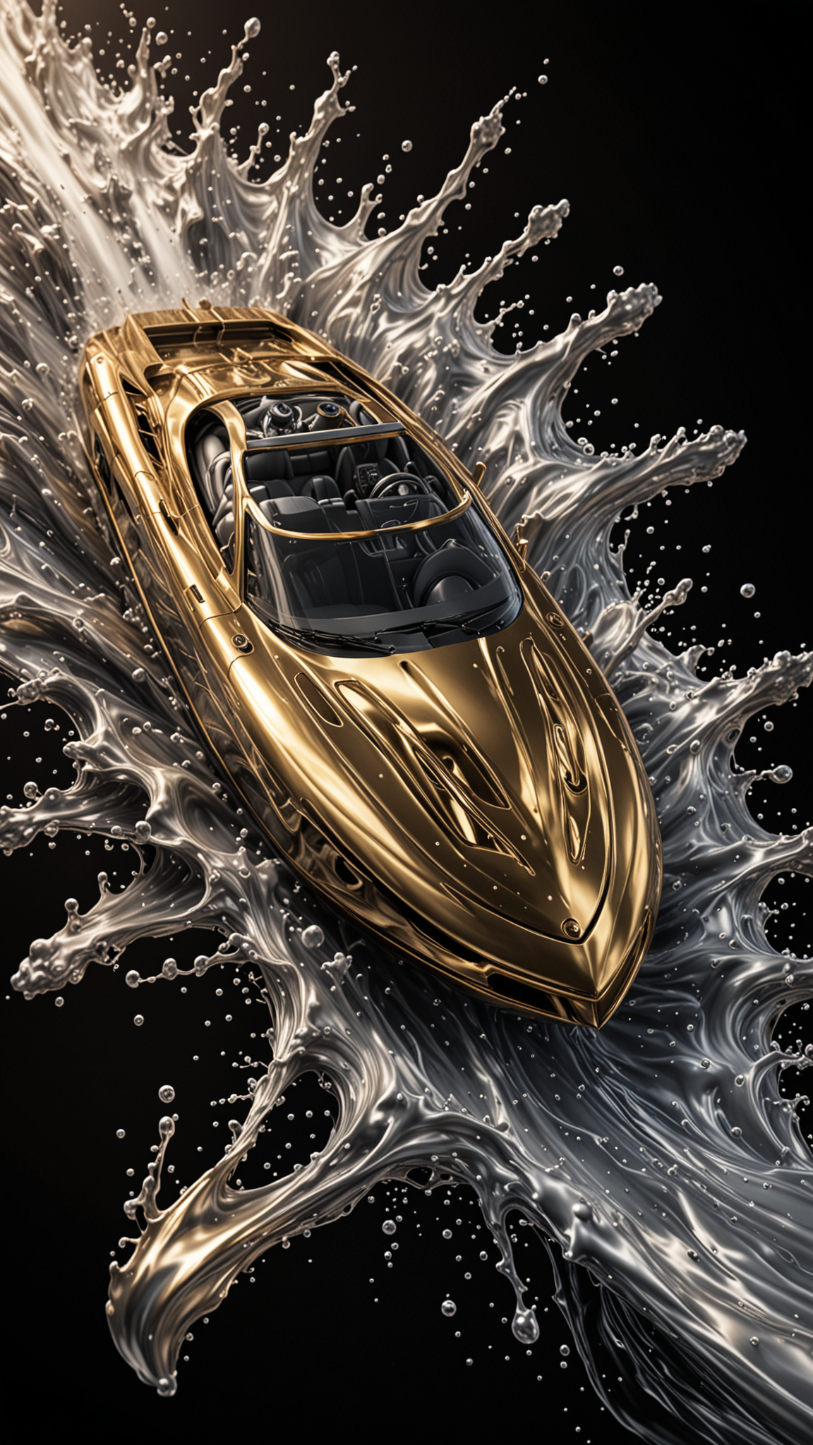 GOLD LIQUID METAL Speed Boat, racing through SILVER LIQUID METAL, liquid metal sprays up from speed boat, Drifting in a black void, Epic, (Use Dream Diffusion Secret Prompt), UHD, <lora:Liquid_Fluid_Metal_XL_-_By_DICE:0.4>