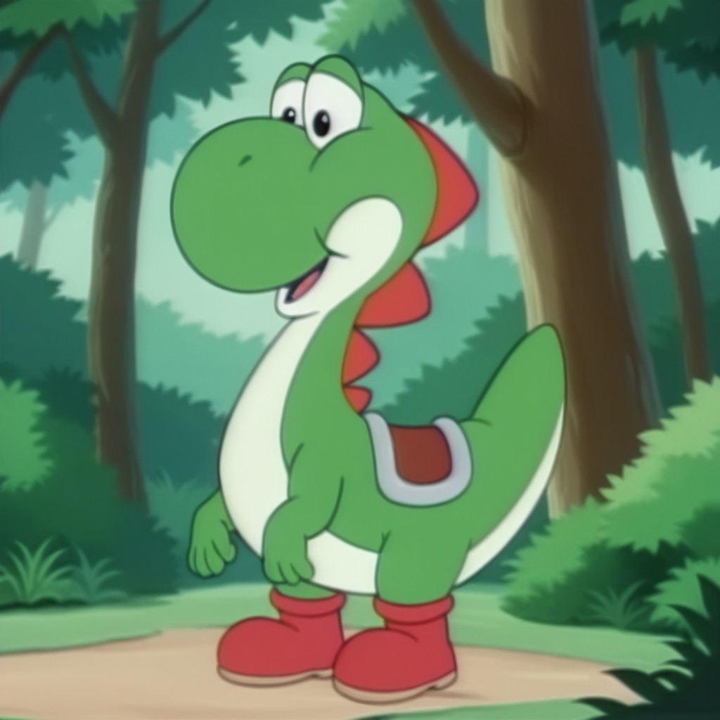 masterpiece, best quality, amazing quality, Yoshiv2SMWil, feral, male, dinosaur, green skin, black eyes, red shoes,  saddle, solo, full body, standing, happy, in forest, , <lora:99abafac-610d-4781-993e-4cab798d0c7d:1.0>
