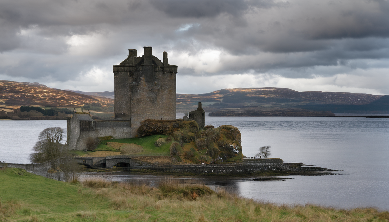 Scottish Castles Photography,outdoors,scenery,no humans,tree,cloud,sky,grass,landscape,ocean,day,horizon,nature,mountain,<lora:Scottish Castles Photography:0.9>,, masterpiece, best quality,