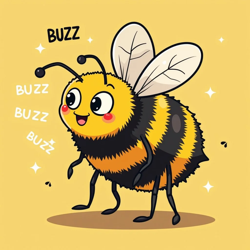 simplistic demented-looking bumble bee with the text "BUZZ BUZZ BUZZ" written all around the bee, greatest quality, best quality, cartoon, animated, 4k, cute, buzz