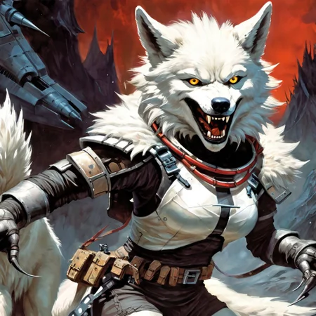 Photorealistic art of a wolf girl dancing, dressed in adventuring gear with a white wolf in the background, wisosdxl, wolf, snarl, snarling, ears back, ears forward, intense gaze, tongue out, black, white, basilwolverton style, grotesque, spaghetti hair, bulging eyes, skin folds, veins, large teeth, bloodshot eyes, mad-stpk-ggls, mad-stpk-flcp, mad-stpk-ht, mad-mecharm, John Berkey Style page, KIRIGAMI page, linquivera, liiv1, g1g3r