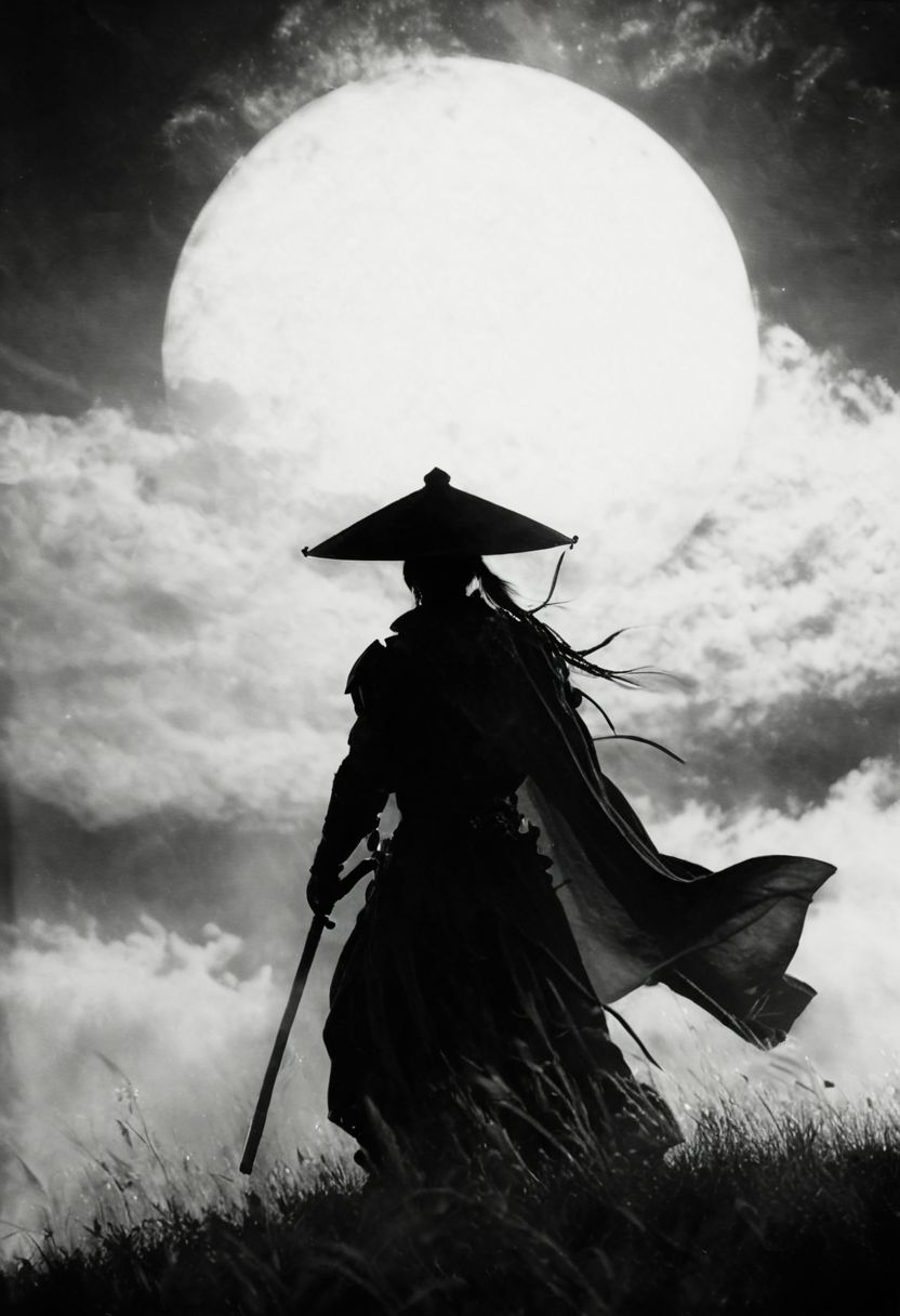 Capture the essence of transcendence and power in the stillness of a cyborg samurai meditating atop the wing of a colossal airborne carrier, piercing through the fluffy dense clouds. dark moonlit sky, Cloaked in sun-bleached linen, adorned with a towering translucente sss sedge hat veiling his face, his metallic intricacies faintly aglow in translucent orange, amidst a world of ethereal heights and serenity. Long Cape in Wind, 
., atmospheric haze, Film grain, cinematic film still, shallow depth of field, highly detailed, high budget, cinemascope, moody, epic, OverallDetail, 2000s vintage RAW photo, photorealistic, candid camera, color graded cinematic, eye catchlights, atmospheric lighting, imperfections, natural, shallow dof