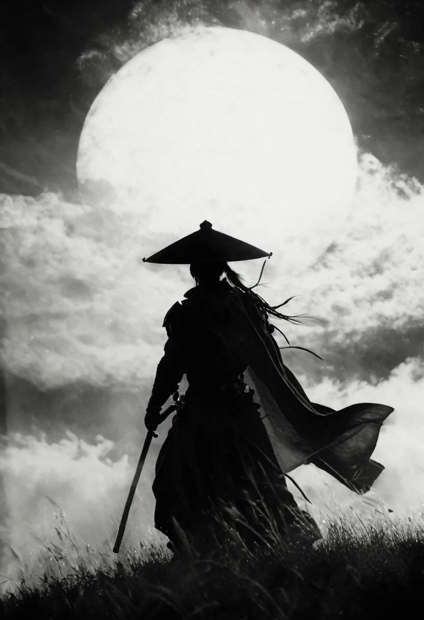 Capture the essence of transcendence and power in the stillness of a cyborg samurai meditating atop the wing of a colossal airborne carrier, piercing through the fluffy dense clouds. dark moonlit sky, Cloaked in sun-bleached linen, adorned with a towering translucente sss sedge hat veiling his face, his metallic intricacies faintly aglow in translucent orange, amidst a world of ethereal heights and serenity. Long Cape in Wind,
., atmospheric haze, Film grain, cinematic film still, shallow depth of field, highly detailed, high budget, cinemascope, moody, epic, OverallDetail, 2000s vintage RAW photo, photorealistic, candid camera, color graded cinematic, eye catchlights, atmospheric lighting, imperfections, natural, shallow dof