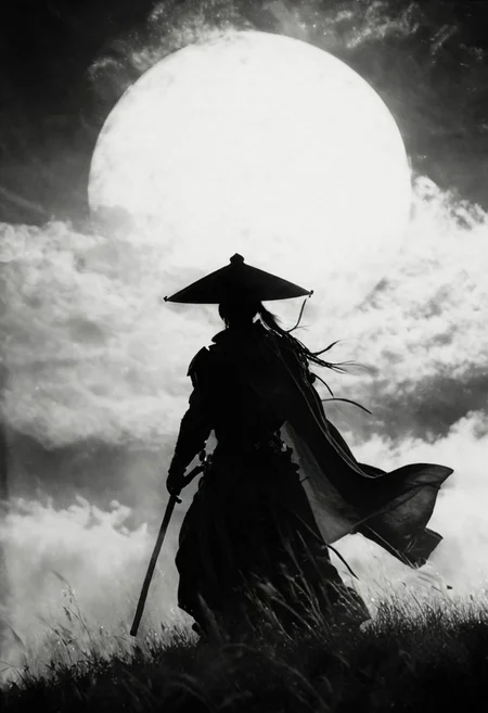 Capture the essence of transcendence and power in the stillness of a cyborg samurai meditating atop the wing of a colossal airborne carrier, piercing through the fluffy dense clouds. dark moonlit sky, Cloaked in sun-bleached linen, adorned with a towering translucente sss sedge hat veiling his face, his metallic intricacies faintly aglow in translucent orange, amidst a world of ethereal heights and serenity. Long Cape in Wind, 
., atmospheric haze, Film grain, cinematic film still, shallow depth of field, highly detailed, high budget, cinemascope, moody, epic, OverallDetail, 2000s vintage RAW photo, photorealistic, candid camera, color graded cinematic, eye catchlights, atmospheric lighting, imperfections, natural, shallow dof