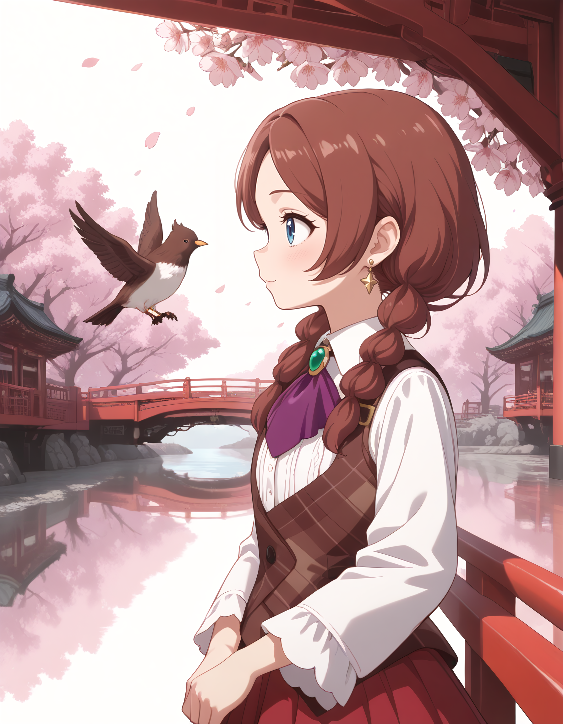Smooth Quality <lora:kirshell_IL:1> kirshell, long hair, brown hair, twin braids, earrings, green eyes, brooch, purple ascot, white collared shirt, long sleeves, brown vest, red skirt, black pantyhose, boots, brown footwear, 1girl, bird, blush, cherry_blossoms, child, cropped_torso, flower, from_side, obi, profile, solo, tassel, upper_body, white_background, red_bridge, cherry_blossoms_on_both_sides, slow_flowing_river, calming_vibes, warm_amber_tones, elegant_scene, <lora:ck-Sommo-Concept-Art-IL:1> in the style of ckjs, <lora:Crazy_Btch_-_Psychopath_expression:0.7> psych0path addmicrodetails <lora:AddMicroDetails_Illustrious:0.6>