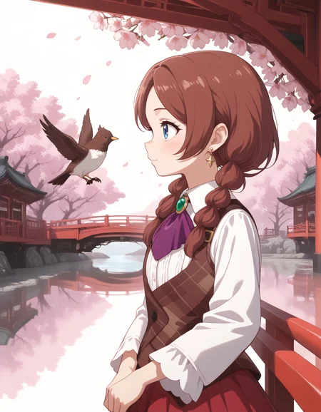 Smooth Quality <lora:kirshell_IL:1> kirshell, long hair, brown hair, twin braids, earrings, green eyes, brooch, purple ascot, white collared shirt, long sleeves, brown vest, red skirt, black pantyhose, boots, brown footwear, 1girl, bird, blush, cherry_blossoms, child, cropped_torso, flower, from_side, obi, profile, solo, tassel, upper_body, white_background, red_bridge, cherry_blossoms_on_both_sides, slow_flowing_river, calming_vibes, warm_amber_tones, elegant_scene, <lora:ck-Sommo-Concept-Art-IL:1> in the style of ckjs, <lora:Crazy_Btch_-_Psychopath_expression:0.7> psych0path addmicrodetails <lora:AddMicroDetails_Illustrious:0.6>
