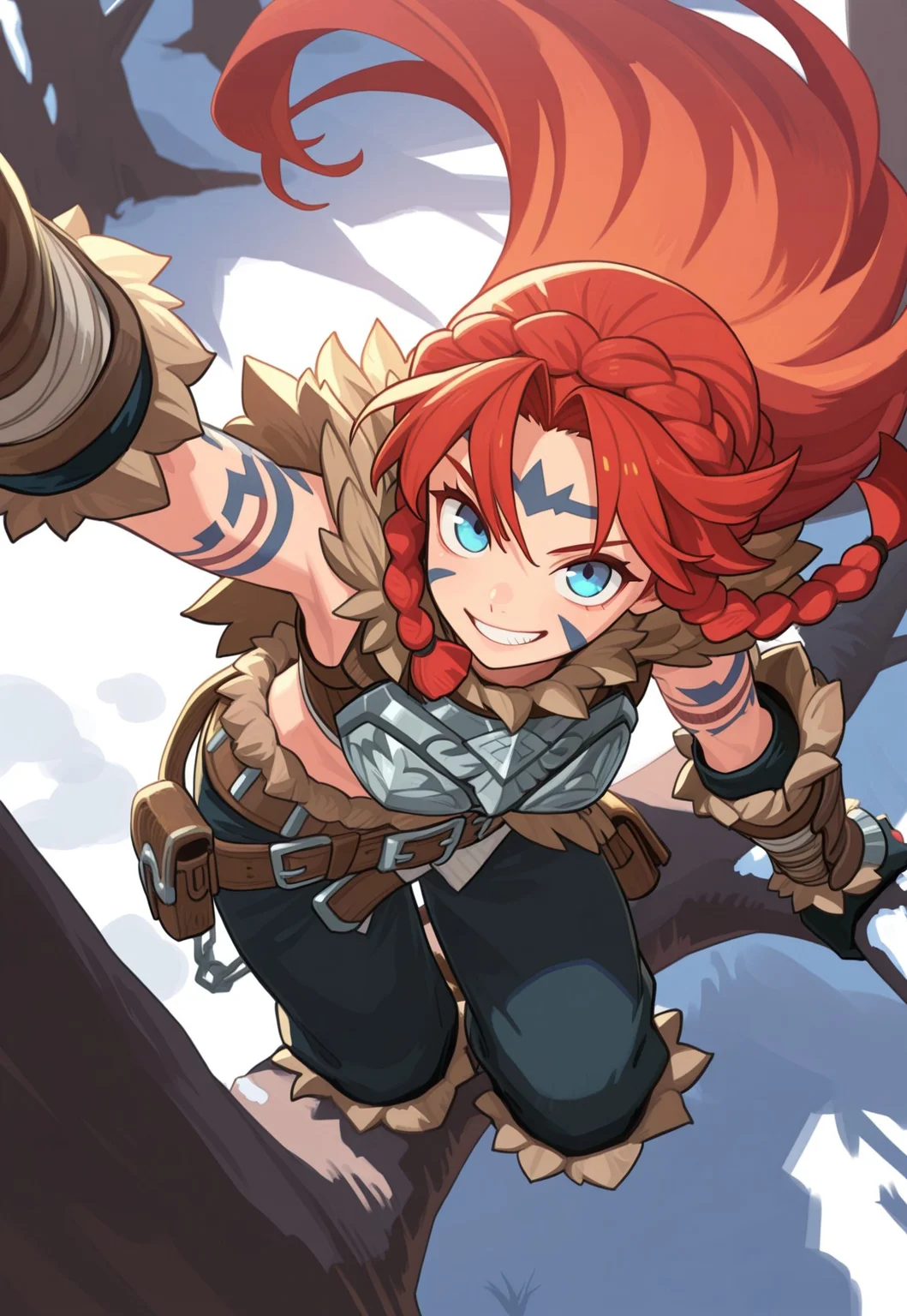 masterpiece, best quality, amazing quality, very aesthetic, absurdres, newest, 8k, detailed background, k3monogo, afkJourneyStyle,
BREAK,
1girl, solo, barbarian , athletic, red hair, blue tattoos, tribal tattoos, midriff, fur armor, fur belt, multiple belts, grin, looking up at viewer, (climbing tree:1.3), on branch, high up, from above, extremely high angle, very long hair, braids, crown braid, heavy armor, metal armor, engraved armor, bright blue eyes,
BREAK, outdoors, winter, snow, fantasy background, dark fantasy, dark dramatic palette, dim lit, contrast lit, shade, dappled moonlight, detailed background, dramatic lighting, depth of field, volumetric lighting