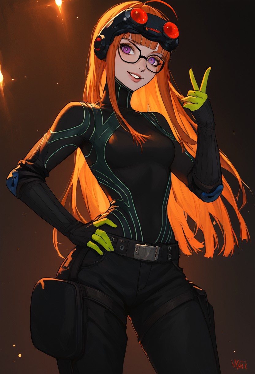 masterpiece, score_9, score_8_up, score_7_up, EasyNegative_v2, (best quality:1.1), ultra-detailed, high resolution, super detailed skin, nsfw, Highly Visible, 8k, sharp focus, beautiful, perfect lighting, smooth edges, 1girl, solo, cute girl, sexy, curvy, thick body, thick thighs, wide hips, narrow waist, beautiful, futabadef, orange hair, long hair, blunt bangs, glasses, futabaoracle, orange hair, long hair, blunt bangs, ahoge, purple eyes, goggles on head, black bodysuit, green gloves, black pants, belt, knee pads, thick thighs, thick legs,  standing, one hand on own hip, half closed eyes, evil smirk, crazy eyes, crazy, looking at viewer, yandere expression, virtual background, virtual reality, black space background,