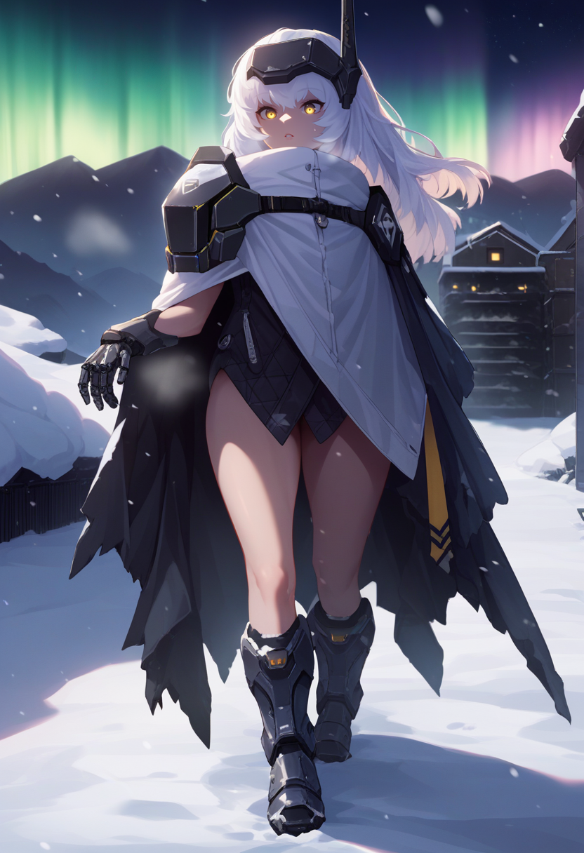 score_9, score_8_up, score_7_up, source_anime, BREAK 1girl, solo, <lora:snowwhite-nikke-richy-v1_pdxl:0.8> swdef, white hair, long hair, yellow eyes, headgear, mechanical arms, shoulder pad, cloak, chest strap, badge, thighs, boots, standing, outdoors, parted lips, cold, winter, snow, dark, darkness, black background, aurora, night, night sky
