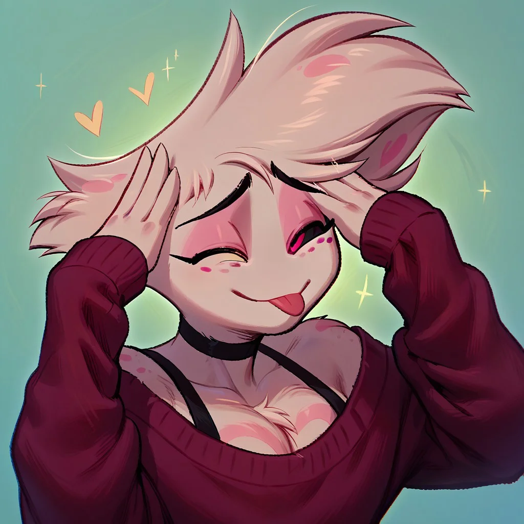 score_9, score_8_up, score_7_up, curvy, femboy, Angel[HH],Angel dust[HH], Spider[HH], Angie[HH], Freckles, pink body, light pink fur, light pink body, multiple limbs, makeup, golden tooth, coloured sclera, black sclera left eye, white sclera right eye, pink eyes, (Male anthro spider:1.3), AhEtoBlehMeme, closed eyes, tongue out, :p, hands on own head, smile