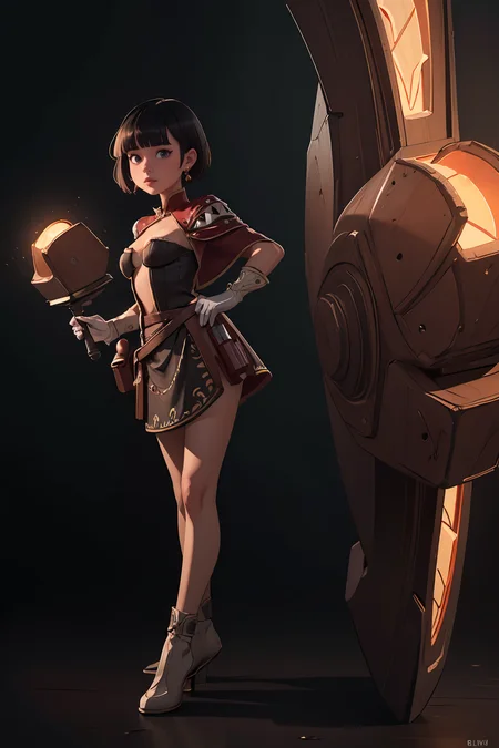 (masterpiece, best quality, highres, high resolution:1.2), extremely detailed, intricate details, 1girl, solo, looking at viewer, clamKim, <lora:clamKim:0.6>, full body, <lora:attire_ro_creator-10:0.85> ragnarokcreator, blunt bangs, asymmetrical hair, pixie haircut, black hair, earrings, <lora:weight_slider_v2:0.5> (cinematic lighting, bloom, volumetric),
