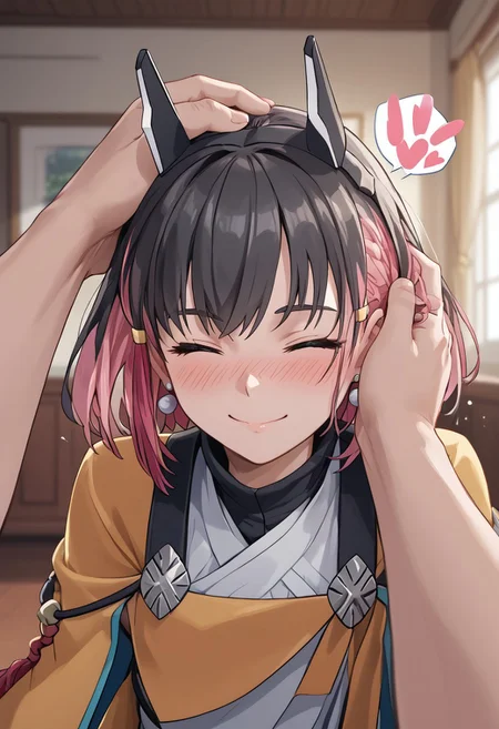 score_4,score_5,score_6,score_7_up,score_8_up,score_9 ((masterpiece,best quality,ultra detailed,highres,HD,4k:1.2)),
1girl, 1boy,hetero,solo focus,girl focus,face focus,
multicolored hair,short hair,black hair,pink hair,blue eyes,tattoo,sidelocks,black head gear,black head ornaments,earrings,small breast,
v arms,
pov,from front,front view,front angle,
((headpat, pov hands,Patting the girl's head with one hand)),
((closed eyes)),full face blush,Happy, delighted, shy,smile,spoken heart,
((motion line:1.2))