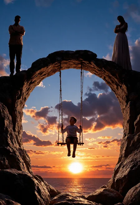 artwork featuring a surreal and symbolic scene. The central focus is a young child, sitting on a swing that is suspended by two ropes from an archway constructed from rough, jagged stones. The swing is positioned centrally in the frame. The child is dressed in a simple white shirt and appears to be looking up at the sky.
On either side of the child, two adult figures stand on the archway, facing each other. The figure on the left is a man wearing a light-colored shirt and dark pants, with his arms crossed. The figure on the right is a woman wearing a long, flowing dress, also with her arms crossed. Both adults are silhouetted against the dramatic sky, with their faces obscured, adding an enigmatic quality to the scene.The background is a stunning sunset, with the sky transitioning from deep blue to vibrant oranges and reds, creating a fiery glow. The sun is partially obscured by clouds, casting a warm, golden light over the scene. The foreground consists of large, rugged rocks, adding to the rugged, almost mythical atmosphere. The overall mood is contemplative and emotional, suggesting themes of separation, longing, and hope.,aidmaimageupgrader, aidmaMJ6.1 <lora:aidmaMJ6.1-FLUX-v0.5:0.7> <lora:aidmaImageUprader-FLUX-v0.3:0.4>
