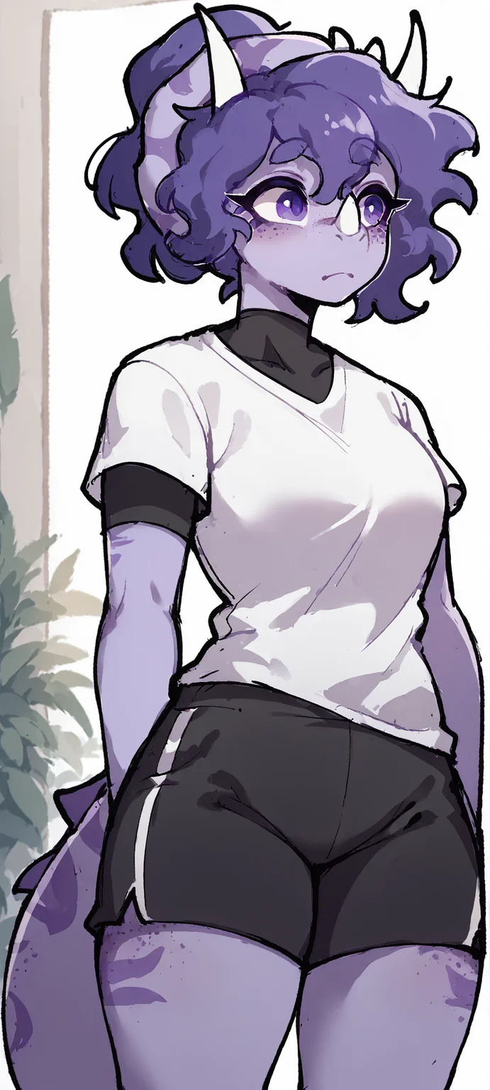 score_9, score_8_up, score_7_up, score_6_up, score_5_up, score_4_up, 1girl, solo, scalie, triceratops, sera, purple eyes, freckles, black undershirt, short sleeves, white t-shirt, black shorts, <lora:E621_First_Page_of_Favorites_Most_Popular_to_Least_Popular:1> <lora:Sera_Snoot_Game:1>