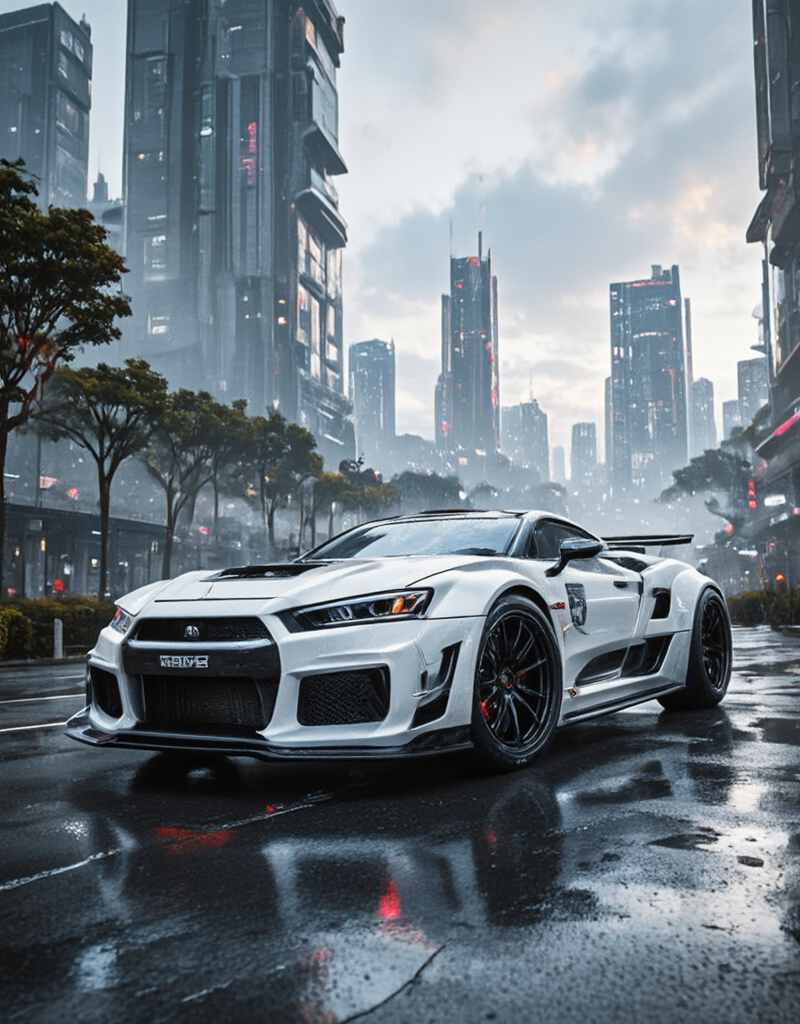 detailed realistic photo of <lora:Space_Worlds_01__Poetic_fluxbeta3:1> sw01p_flux, focus on a white racing car, in the street, outside, cyberpunk, mech cyberpunk background, red war paint japanese signs, global illumination, stuning effects, cinematic, science fiction, cyberpunk city skyline, vegetation, wet, shiny, scenery, outdoors, buildings, space, clouds, planet, star, sunset, tires screaming,