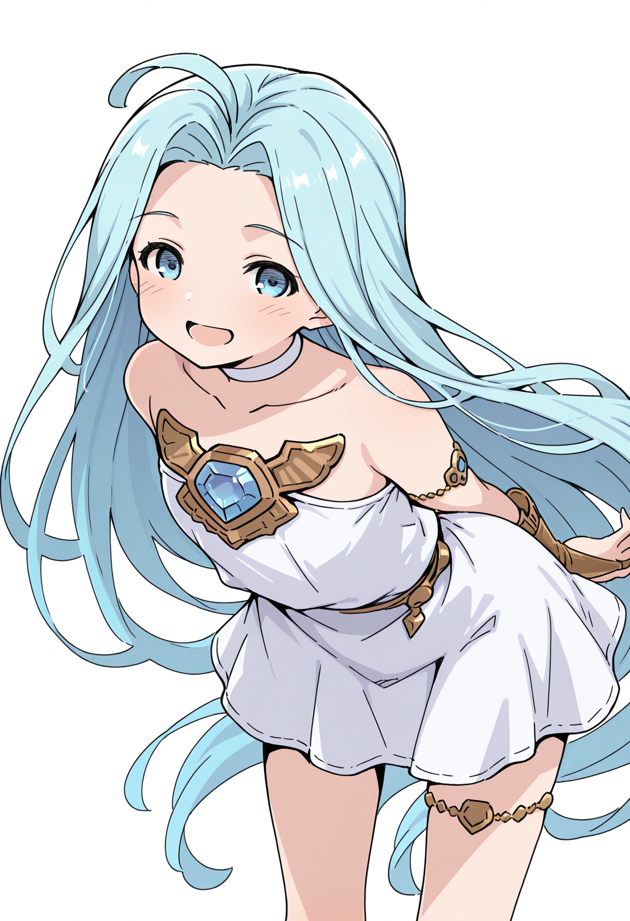 highres, best quality, masterpiece, white background,
amsrsty, flat colors, jaggy lines,
1girl, solo, gbfluria, light blue hair, very long hair, ahoge, blue eyes,
lyrdef, white dress, bare shoulders, strapless, choker, collarbone, chest jewel, jewelry, bridal gauntlets, thighlet,
looking at viewer, blush, smile, open mouth, 
leaning forward, arms behind back, standing, dynamic pose, 
<lora:_amakara_surume-sty-elesico-ilxlB-000049:1> 
<lora:_lyria-elesico-ilxlC:1>