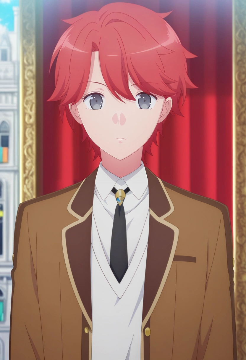 masterpiece, best quality, intricate details, anime screencap, , , looking at viewer, 1boy, solo, male focus, <lora:sirius_dieke_ilxl:0.96>, sirius_dieke, red hair, grey eyes, short hair, brown jacket, black necktie, school uniform, white shirt, collared shirt, , carnival costume