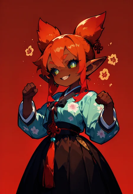 1girl, (monster girl), (tiny girl, shortstack:1.2), goblin ears, white pupils, small pupils, black sclera,  (colored skin, brown skin),  crimson hair, long hair, pointy hair,     tiny breasts,    
BREAK   1girl, Paw Pose,    (biting own lip:0.7),   
BREAK               hanbok, korean clothes, clothed_underbust, floral print, (crimson background),     
BREAK safe, masterpiece, best quality, very aesthetic, absurdres, highres, newest, <lora:ponyv5_noobV065S_1_adamW:0.7>, <lora:lora:0.4>, <lora:Unstable_v1.0_f:1>