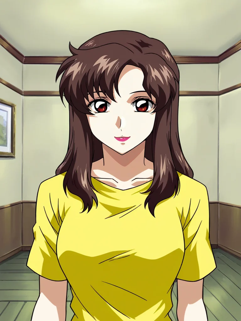 <lora:Murrue_Ramius-Gundam_SEED:1>,Murrue,1girl,brown hair,brown eyes,lipstick,long hair,yellow shirt,upper body,looking at viewer,indoors,smile