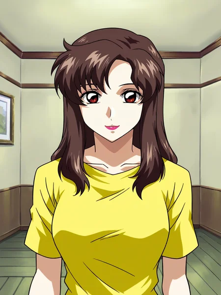 <lora:Murrue_Ramius-Gundam_SEED:1>,Murrue,1girl,brown hair,brown eyes,lipstick,long hair,yellow shirt,upper body,looking at viewer,indoors,smile