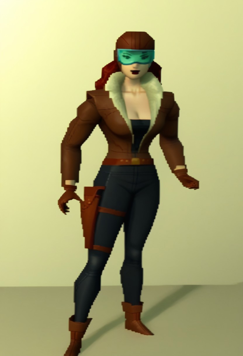 RS0TXTANE, 1girl, solo, dark red hair, long hair, brown aviator cap, turquoise-tinted goggles, dark red lipstick, brown aviator jacket with white fur collar, jacket, black tank top, black pants, belt, holster, brown gloves, brown boots. brown eyes, perfect eyes, detailed eyes, makeup, beautiful face, pretty.
BREAK
narrow waist, wide hips, toned, fit, flat stomach, hourglass figure, skindentation, cleavage, bursting breasts
BREAK
mgs1_style, 3d, no eyes, Masterpiece, ultra, extreme detailed, highest detailed, 8k, highres,