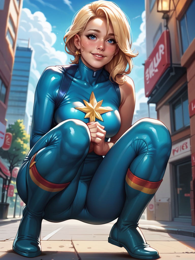 score_9, score_8_up, score_7_up, 1girl squatting, cute pose, shy, sexy, dynamic pose, smile, solo, detailed background, looking at viewer, wide shot, cowboy shot, (v:1.1), city, buildings, from below, own hands together, blush, 
 <lora:DazzlerClassic_character:1>, DazzlerXLP, blonde hair, blue eyes, blue bodysuit, star \(symbol\), <lora:Realistic_2.5DAnime_Merge1:0.6>