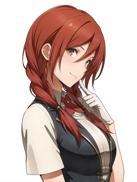 masterpiece,best quality,newest,
1girl,solo,
<lora:t_hibari_b_ilxl_v1.1:1>,t_h_b,red hair,twin braids,brown eyes,
h_clothes,red ascot,white gloves,black vest,
<lora:Fixhands_anime_bdsqlsz_V1:1>,smile,white_background,simple_background,upper_body,profile,looking_at_viewer,v over mouth,