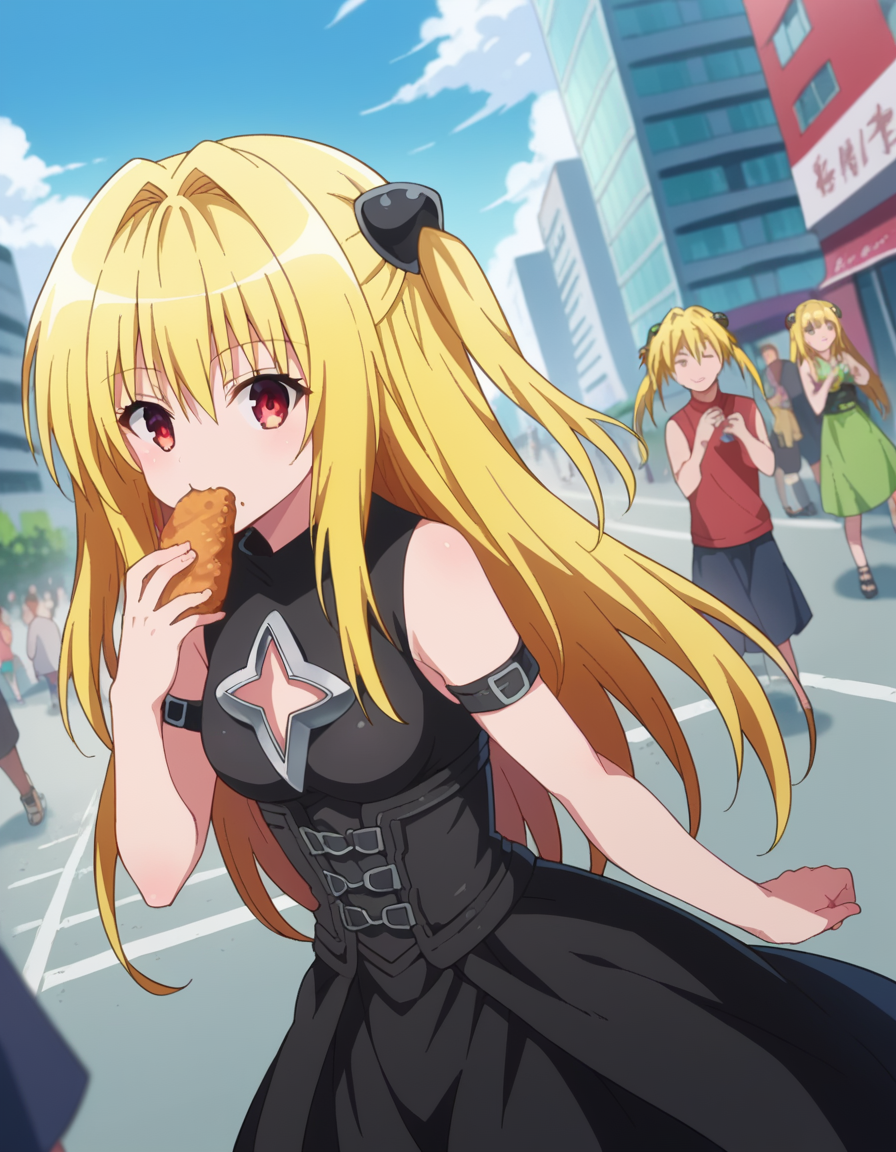 score_9, score_8_up, score_7_up, source_anime,
toloveruyami, <lora:golden-darkness-ponyxl-lora-nochekaiser:1>,
yami, yellow hair, long hair, red eyes, hair ornament, two side up,
sleeveless, detached sleeves, dress, black dress, black skirt, clothing cutout, cleavage cutout,
outdoors, cityscape, street, crowd, people, food, taiyaki, eating,
looking at viewer, cowboy shot, dutch angle, dynamic pose,