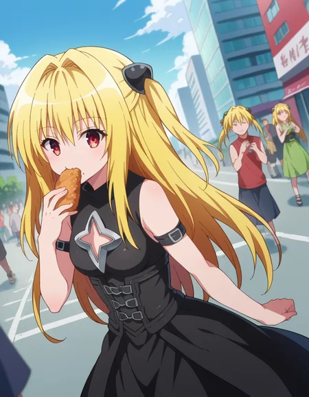 score_9, score_8_up, score_7_up, source_anime,
toloveruyami, <lora:golden-darkness-ponyxl-lora-nochekaiser:1>,
yami, yellow hair, long hair, red eyes, hair ornament, two side up,
sleeveless, detached sleeves, dress, black dress, black skirt, clothing cutout, cleavage cutout,
outdoors, cityscape, street, crowd, people, food, taiyaki, eating,
looking at viewer, cowboy shot, dutch angle, dynamic pose,