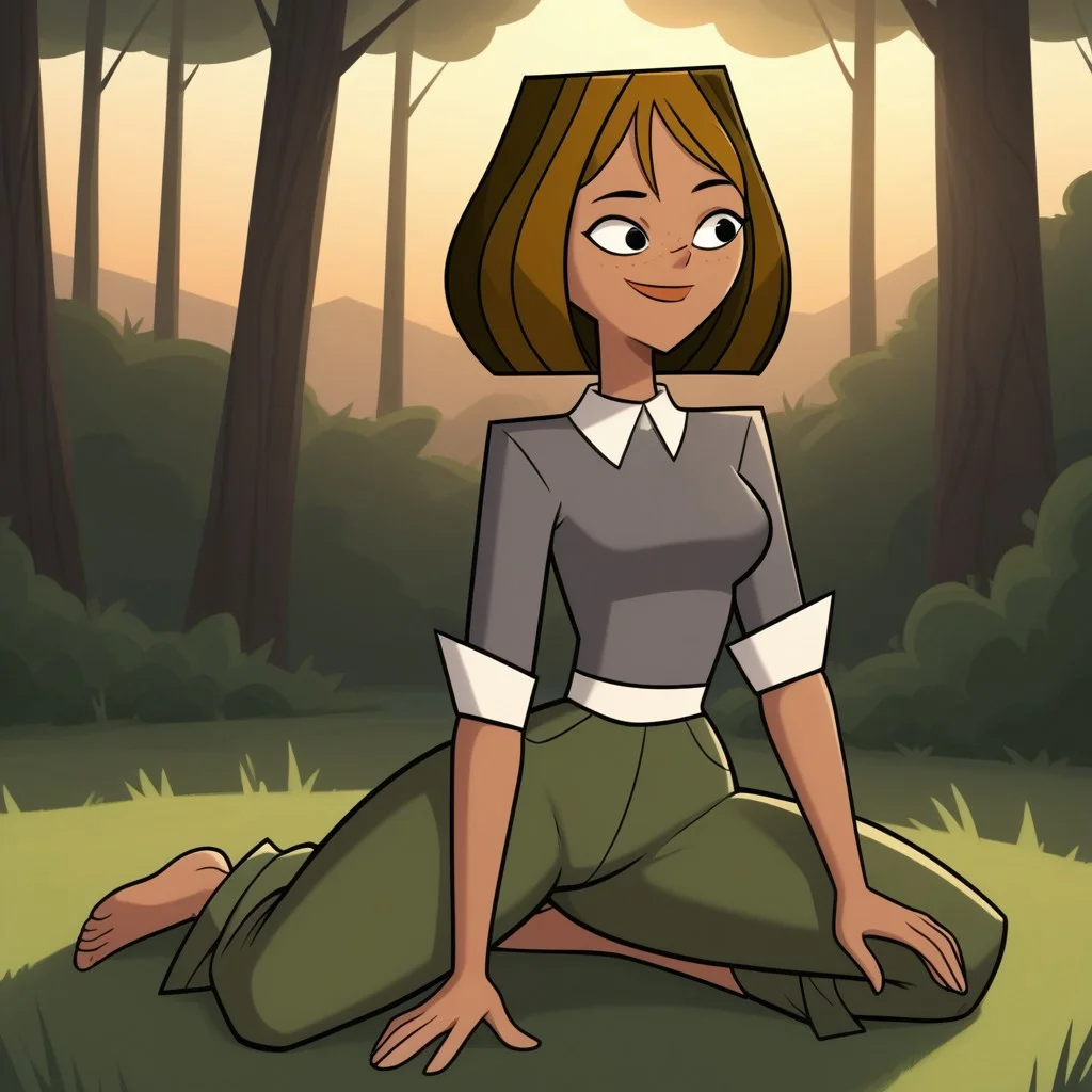 score_9, score_8, BREAK, solo, brown hair, black eyes, lips, collared shirt, grey sweater, short sleeves, green pants, dark skin, barefoot, freckles, breasts, Total Drama, Courtney_(Total_Drama), sexy pose, smile, outdoors, sunlight, shadows, evening lighting, natural lighting, forest, trees, grass, orange sky, sunset