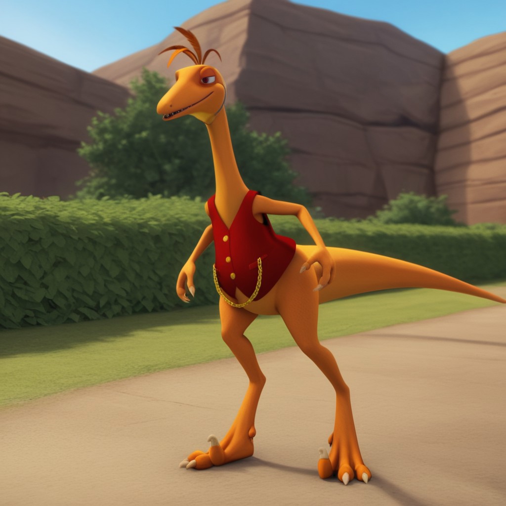 score_9, score_8_up, score_7_up, score_6_up, score_5_up, score_4_up, source_furry, dtmrconductorv2, semi-anthro, male, Troodon, orange skin, brown eyes, dinosaur, feather hair, red vest, gold buttons, gold chain, outside, open clothes, bedroom eyes, seductive