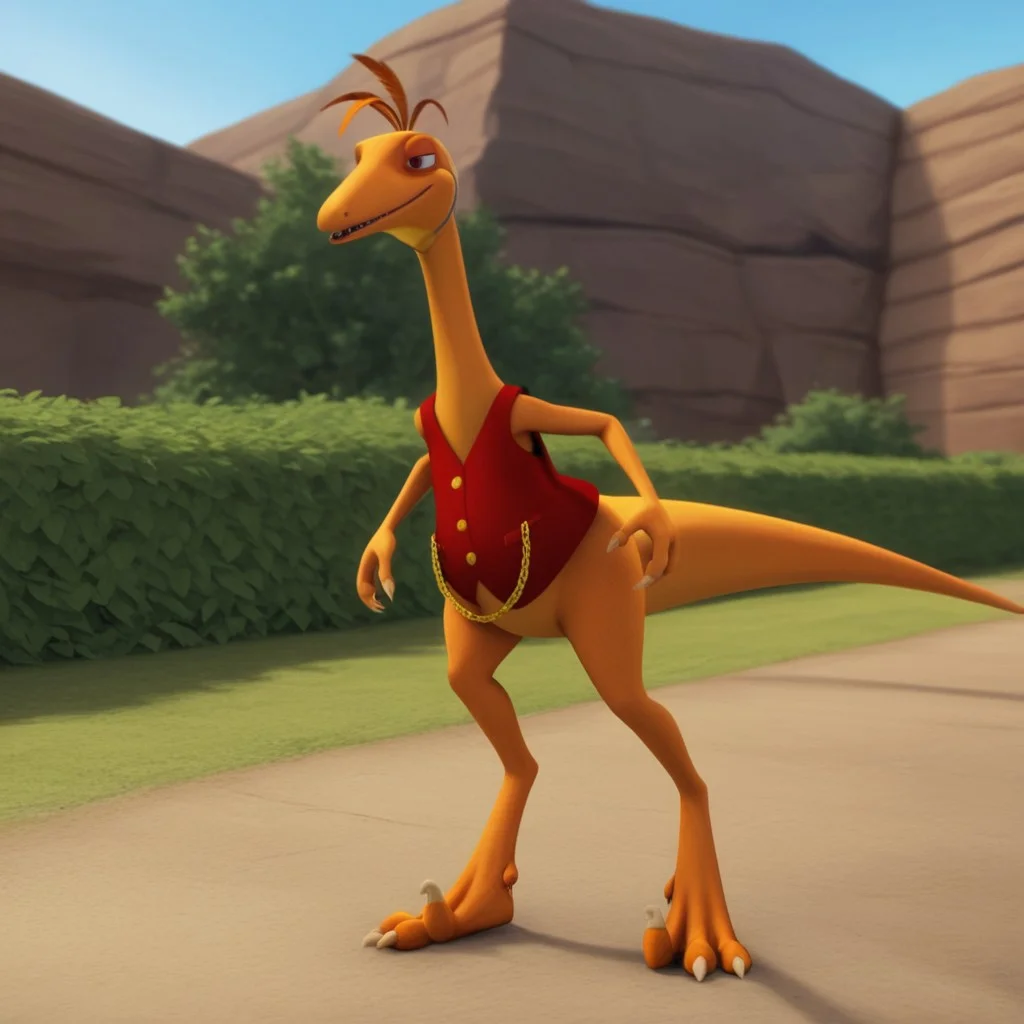 score_9, score_8_up, score_7_up, score_6_up, score_5_up, score_4_up, source_furry, dtmrconductorv2, semi-anthro, male, Troodon, orange skin, brown eyes, dinosaur, feather hair, red vest, gold buttons, gold chain, outside, open clothes, bedroom eyes, seductive
