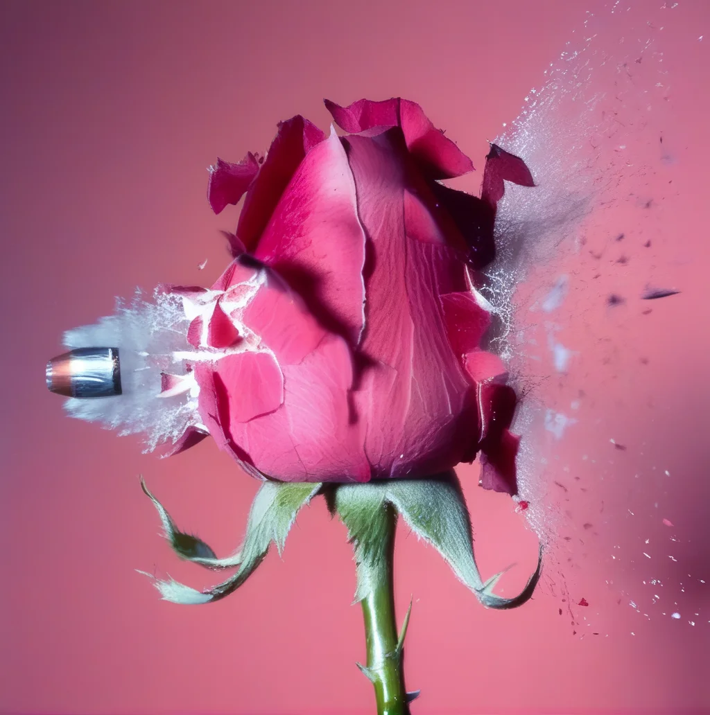 motioshot a bullet piercing a rose, exploding rose petals high-speed photography <lora:motioshot:1>