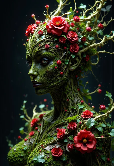 A hyper-realistic Close up shot of a figure completely made of grass and red flowers in female form, full body zoomed in, ultra sharp focus photo, 3d render, architecture, dark fantasy, vibrant (photography, high-resolution, dynamic, energetic,hyper-realistic, dramatic lighting, shallow depth of field.)