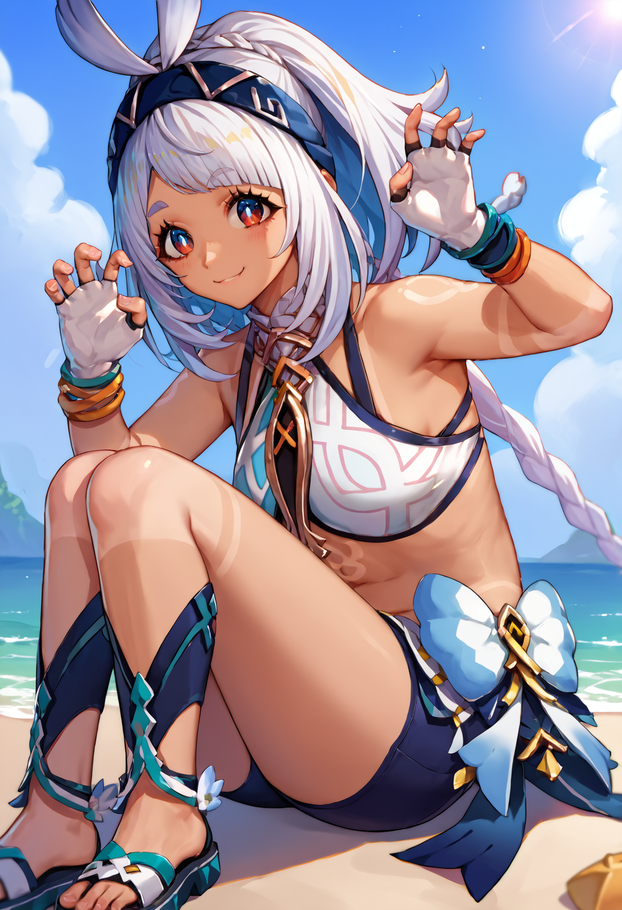 score_9, score_7_up, source_anime, uncensored, 1girl,
 <lora:spgiMualaniXLPony:1> mualani, dark-skinned female, hairband, white gloves, fingerless gloves, swimsuit, bikini, tan, shorts, :d, smile, upper body, claw pose, arm tattoo, beach, sandals, sitting
