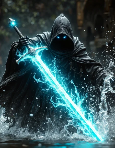 highly detailed magical cinematic scene, Dark, tattered and torn hooded figure with long cape wielding glowing colossal and long blue sword amidst cascading water. two glowing magical eyes visible through his hood. Powerful, dynamic pose engaging in a dramatic action scene. Figure shrouded in deep, nearly black, tattered cloak, exuding a mysterious and intense mood. The sword, vibrant turquoise, bursts with ethereal energy, radiating light through the water. Water splashes and sprays dramatically around the figure, creating a forceful and evocative mist-filled background. Mid-action portrayal; colossal sword held in motion with implied movement. Dramatic lighting highlights the figure and sword, emphasizing their presence and power. Water's texture suggests forceful motion, contrasted with smooth dark surface of figure's clothing. Epic fantasy style, evocative of cinematic action sequences. Atmospheric and heroic feeling enhanced by the dark and dramatic lighting and water features; a strong sense of adventure and danger pervades the image, shallow depth of field, vignette, highly detailed, bokeh, moody, epic, gorgeous, film grain, grainy, HKMagic, <lora:Dever_Flux_Enhancer:0.3>, <lora:FantasyWizardWitchesFluxV2-000001:0.7>, <lora:aura_v2_beta2:0.3>, <lora:Elden_Ring_-_Yoshitaka_Amano:0.4>