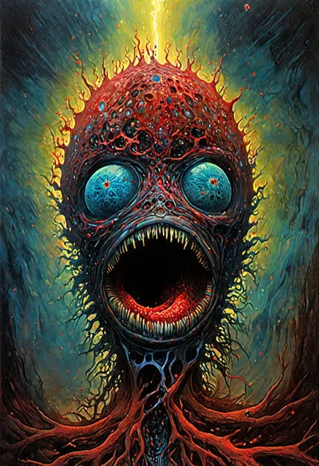 Establishing Shot painting of a ((Virus)) monster (inside bloodstream) in style of [Dean Ellis: Steven DaLuz: 0.3],digital artwork by Beksinski, trypophobia:1.5, glitch, psychedelic:1.9, Psilocybin, trypophobia:1.3, hyper-detailed:1.1, ((best quality)), linquivera, masterpiece, detailed cells, (deep neurons):1.5, blacklight, scar, binary code and digital art, binary code, digital art, ral-dissolve:1.3, liiv, ((background blends with the subject nicely)), EdobHorrorLandscape