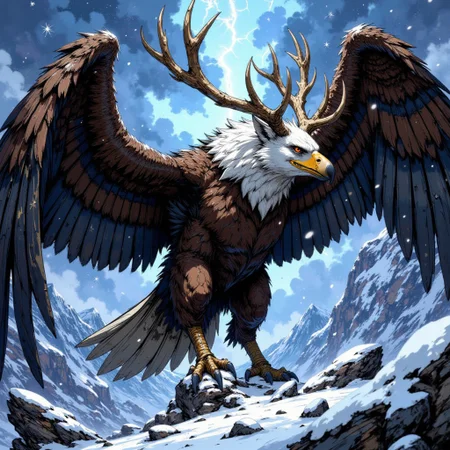 A highly detailed and vibrant digital painting in the style of ck-ib, DGC style, artwork featuring full body portrait, a large eagle winged griffin with a white wolf head, and elk antlers. The overall style is reminiscent of a fantasy or medieval theme, with a focus on malice and chaos. Dark fantasy, snow covered tundra, fog and snowflakes falling everywhere, with detailed textures and dramatic, high-contrast lighting.