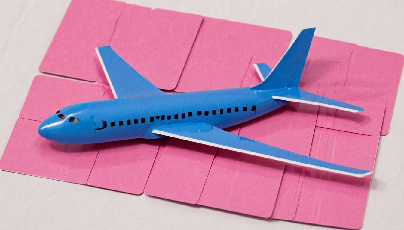 plastkort, an airplane, made from single, pink and blue colored rectangular plastic cards, <lora:Plastkort-000005:1>