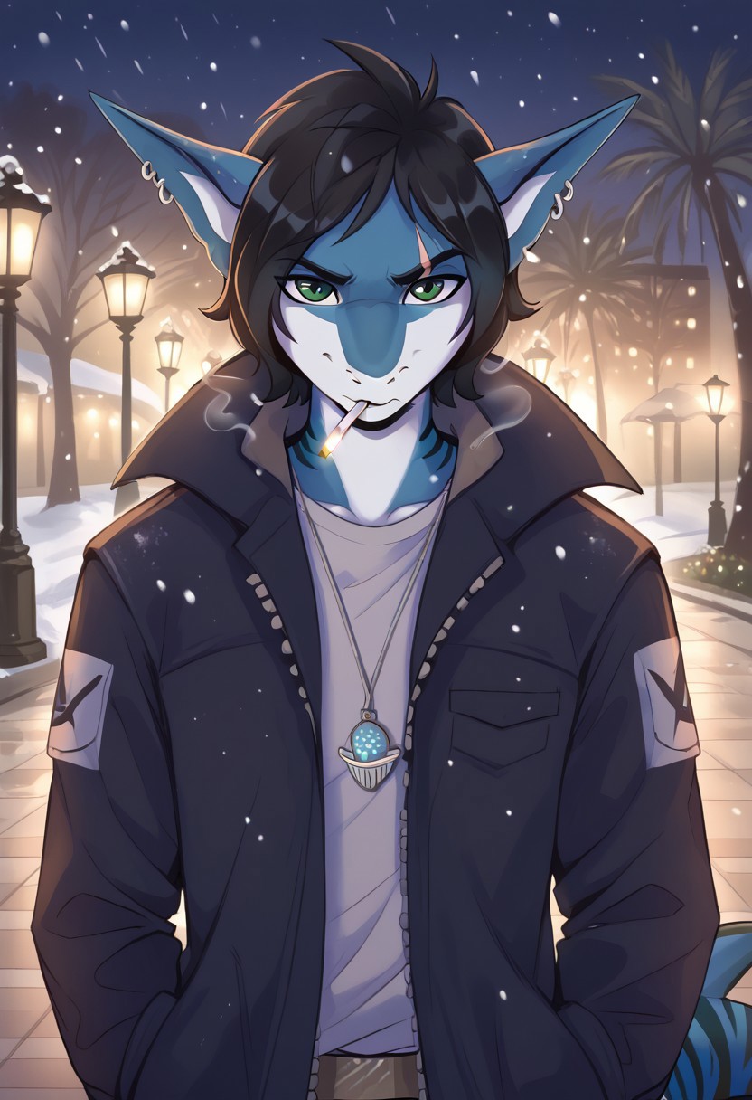 <lora:Scappo_Style_v2_PonyXL:0.8> by scappo, scappo,  score_9, score_8_up, score_7_up,1boy, lunarsunxl,  anthro shark,dark blue skin, stripes on the body, short hair,lush hair,black hair, green eyes, shark tail, scar on the fin, ear piercing, BREAK, looks at the viewer, confused, stretches out his hand to the viewer, open palm, shell pendant in the palm, cigarette in his mouth, lights a cigarette with a lighter, purple T-shirt, long black coat, background, park in winter, night, it's snowing