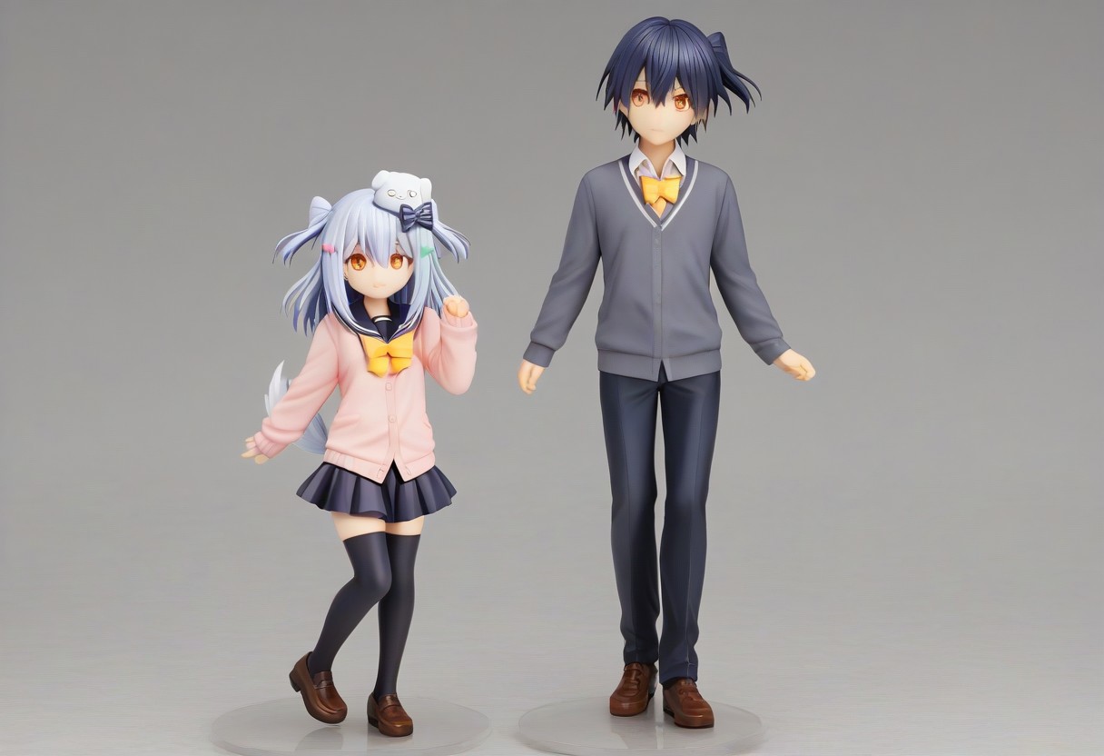 tamakiDefault, 1boy, dghd, dog hair ornament,  blue hair, grey hair, two side up, orange eyes, hair between eyes, dog tail, otoko no ko, multiple hair bows,  black bow, yellow bowtie, black skirt, black thighhighs, brown footwear, pink cardigan,