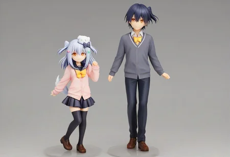 tamakiDefault, 1boy, dghd, dog hair ornament,  blue hair, grey hair, two side up, orange eyes, hair between eyes, dog tail, otoko no ko, multiple hair bows,  black bow, yellow bowtie, black skirt, black thighhighs, brown footwear, pink cardigan,