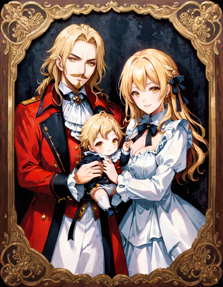 anime artwork photograph facial hair, blonde hair, 1girl, white dress, baby, ascot, long hair, yellow eyes, beard, father and son, looking at viewer, family, long sleeves, holding hair, pointy ears, mustache, multiple boys, mother and son, 1boy, smile, framed, father and daughter, wavy hair, closed mouth, frills, lips, 2boys, carrying, photoshop (medium), ribbon, original, frilled sleeves, coat, husband and wife, standing, jewelry, brother and sister, siblings, upper body
 <lora:sotn:.6> 
<lora:offset_0.2:0.5>, 50mm . cinematic 4k epic detailed 4k epic detailed photograph shot on kodak detailed cinematic hbo dark moody, 35mm photo, grainy, vignette, vintage, Kodachrome, Lomography, stained, highly detailed, found footage . anime style, key visual, vibrant, studio anime,  highly detailed