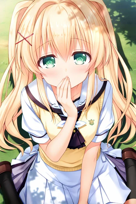 masterpiece,best quality,amazing quality,highres,scenery,newest,1girl,official style,tsumugi,green eyes,blonde hair,hair between eyes,long hair,bangs,tsumugi daily,skirt,short sleeves,white shirt,school shirt,shirt,twintails,sweater vest,yellow sweater vest,pleated skirt,white skirt,very long hair,school uniform,sailor collar,white sailor collar,puffy short sleeves,ascot,puffy sleeves,hairclip,hair ornament,x hair ornament,hair intakes,<lora:summerpockets-tsumugi-V5:1>,black socks,loafers,grass,shadow,wariza,looking at viewer,from above,(hand on own mouth:0.8),arm support,